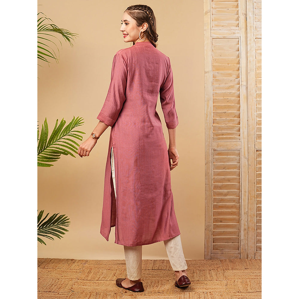 FASHOR Mauve Solid Embroidered Kurta with Pant (Set of 2)