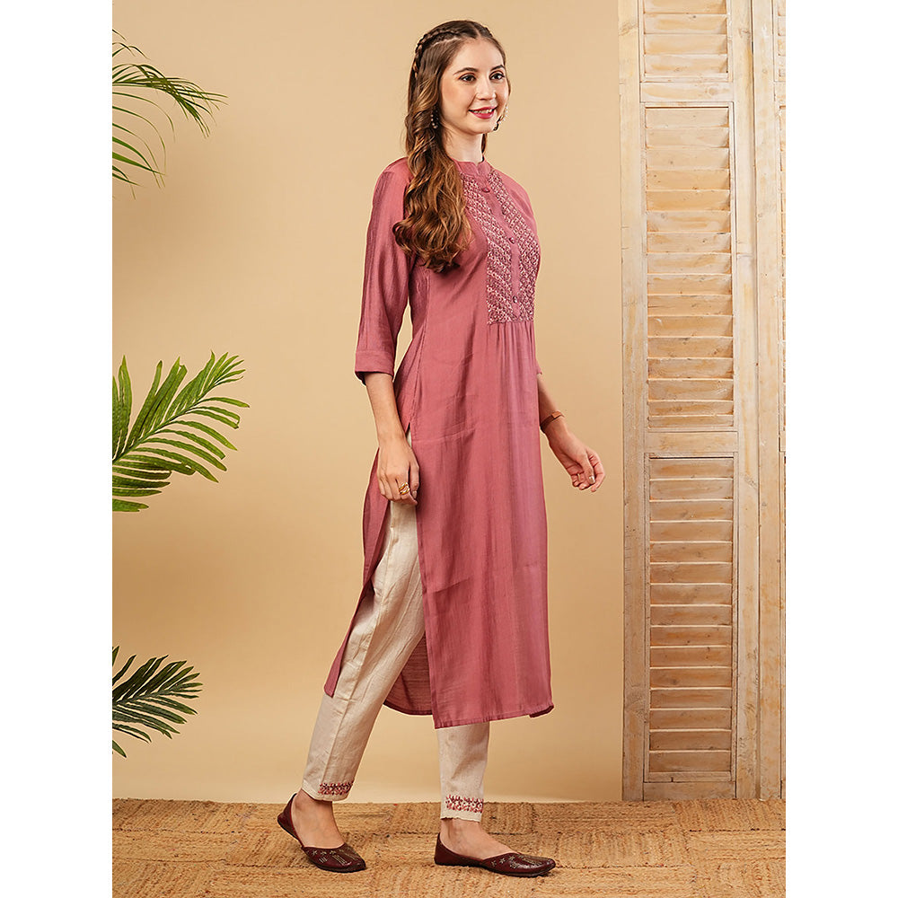 FASHOR Mauve Solid Embroidered Kurta with Pant (Set of 2)