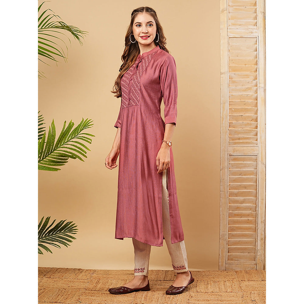 FASHOR Mauve Solid Embroidered Kurta with Pant (Set of 2)