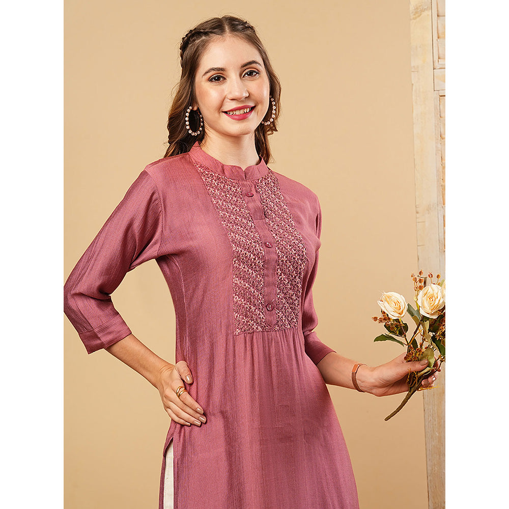 FASHOR Mauve Solid Embroidered Kurta with Pant (Set of 2)