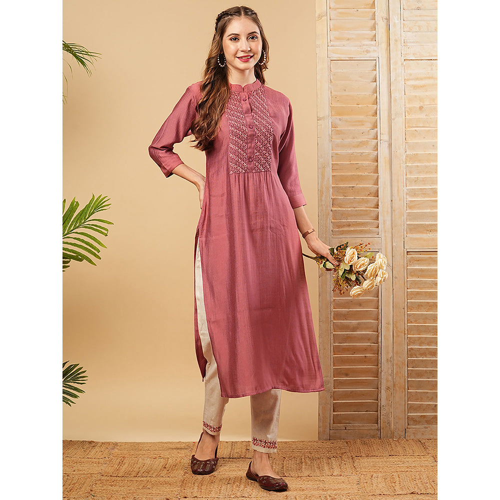 FASHOR Mauve Solid Embroidered Kurta with Pant (Set of 2)