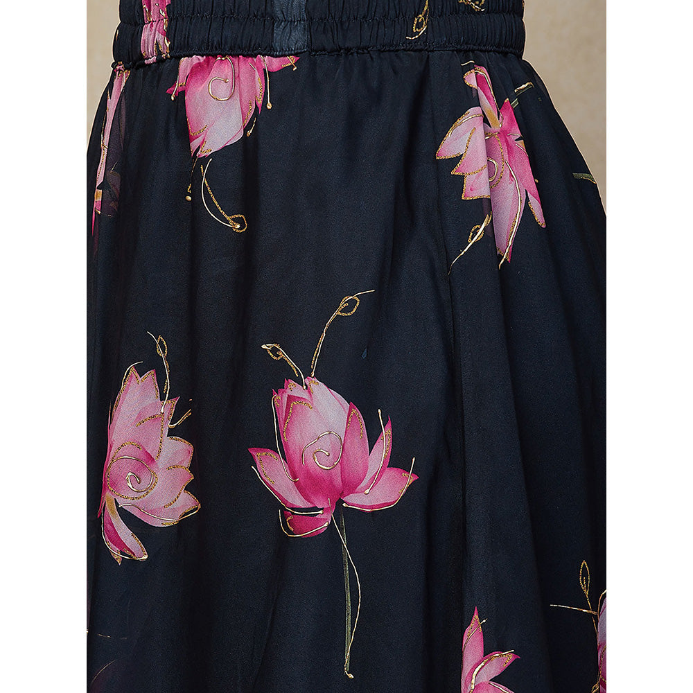 FASHOR Navy Blue Lotus Painted Angarkha Kurta with Palazzo and Dupatta (Set of 3)