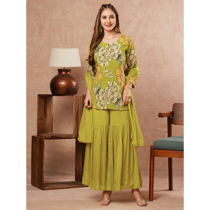 FASHOR Lime Green Floral Printed Kurti with Sharara and Dupatta (Set of 3)