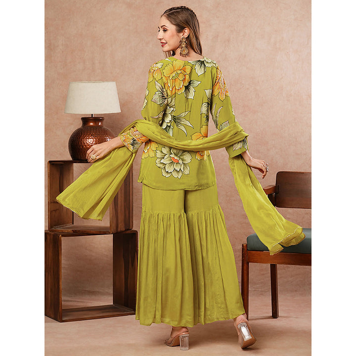 FASHOR Lime Green Floral Printed Kurti with Sharara and Dupatta (Set of 3)