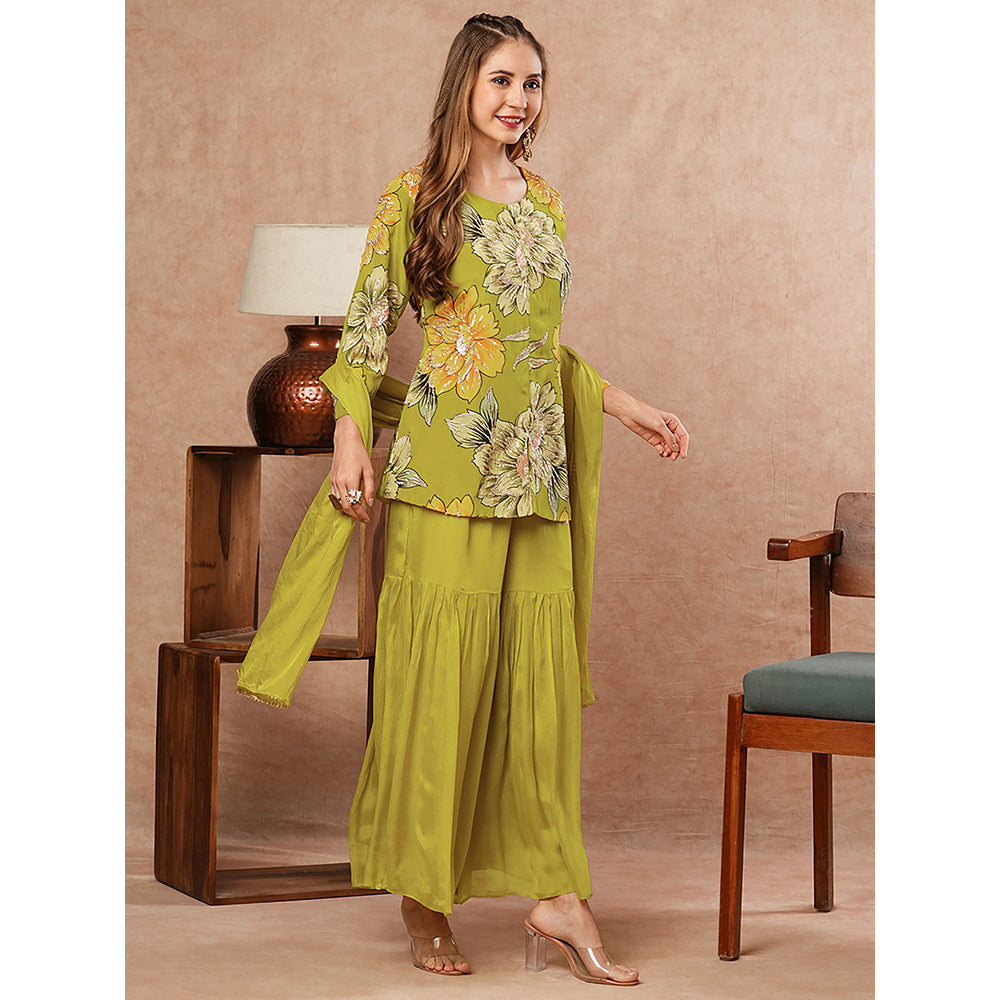 FASHOR Lime Green Floral Printed Kurti with Sharara and Dupatta (Set of 3)