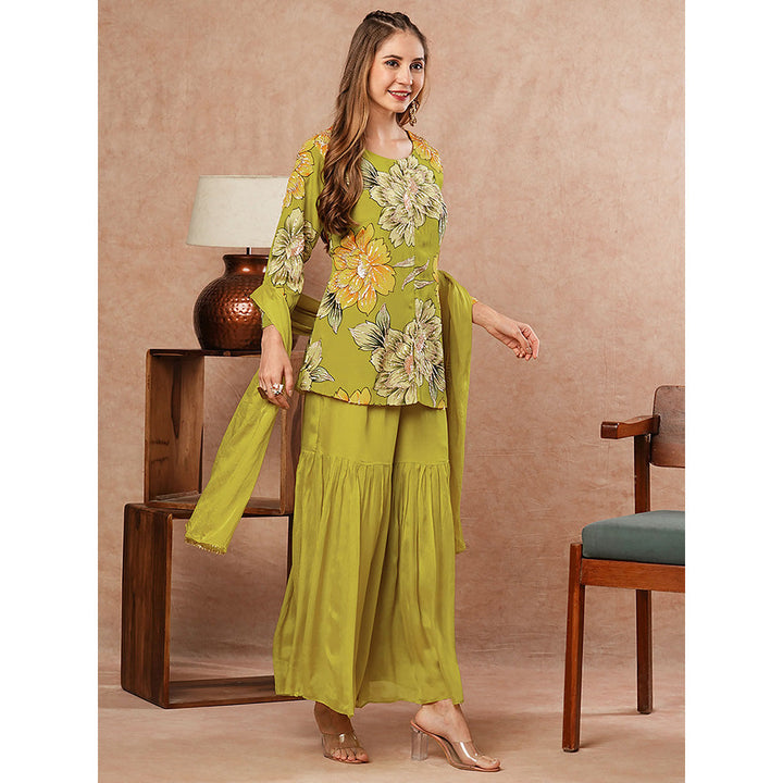 FASHOR Lime Green Floral Printed Kurti with Sharara and Dupatta (Set of 3)