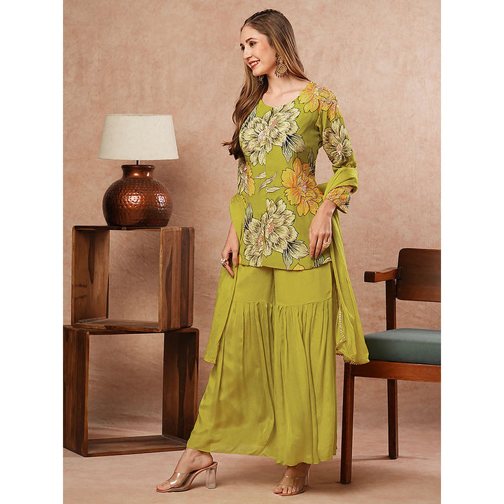 FASHOR Lime Green Floral Printed Kurti with Sharara and Dupatta (Set of 3)