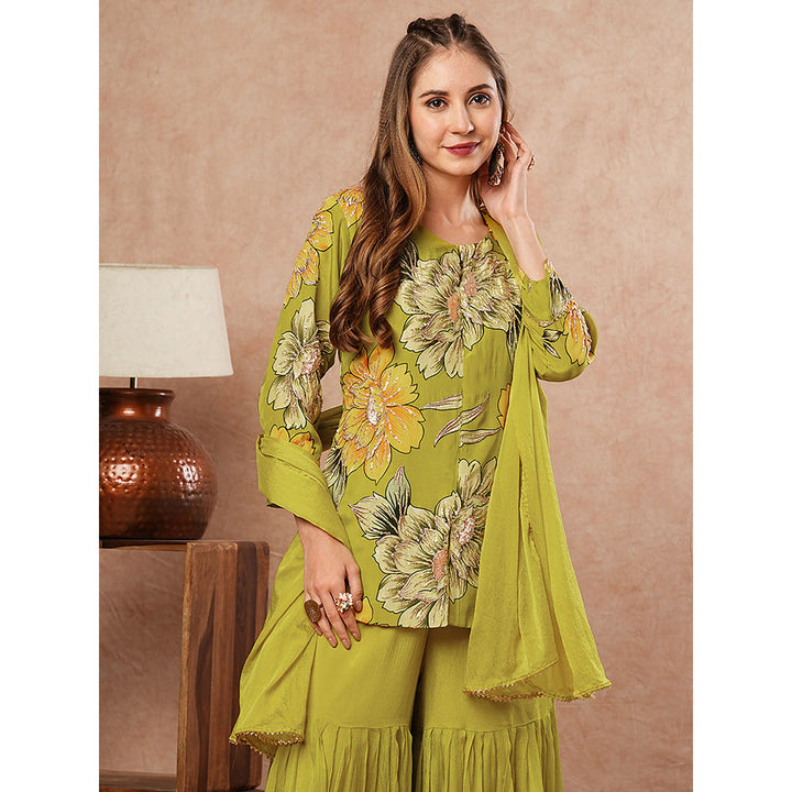 FASHOR Lime Green Floral Printed Kurti with Sharara and Dupatta (Set of 3)