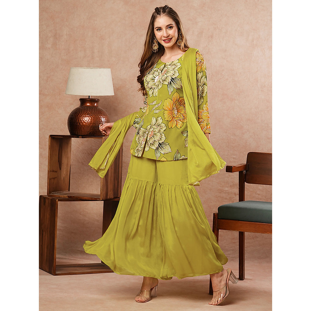 FASHOR Lime Green Floral Printed Kurti with Sharara and Dupatta (Set of 3)