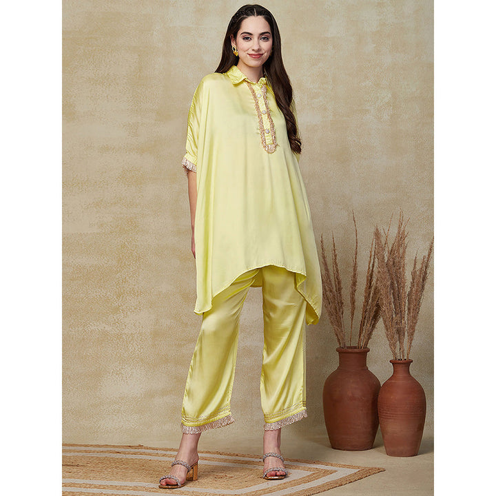 FASHOR Yellow Solid- Sequin Shimmer Lace Kaftan Kurta with Pant (Set of 2)