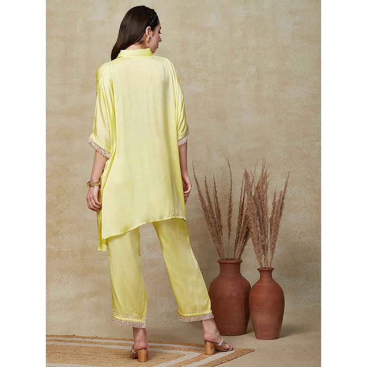 FASHOR Yellow Solid- Sequin Shimmer Lace Kaftan Kurta with Pant (Set of 2)