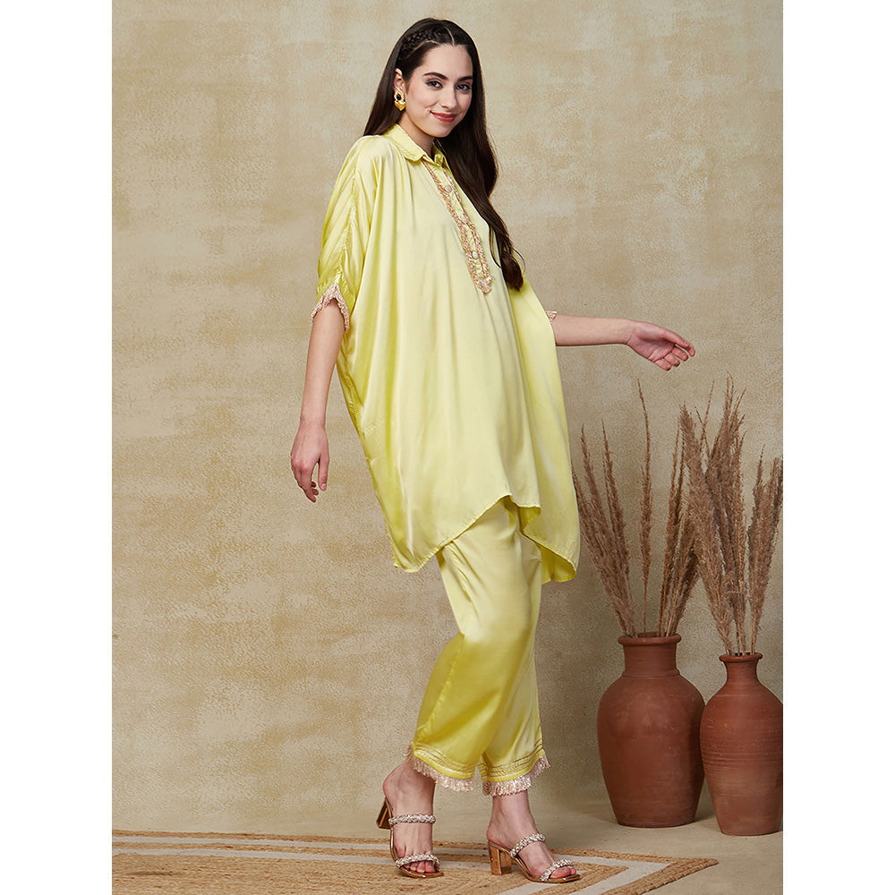 FASHOR Yellow Solid- Sequin Shimmer Lace Kaftan Kurta with Pant (Set of 2)