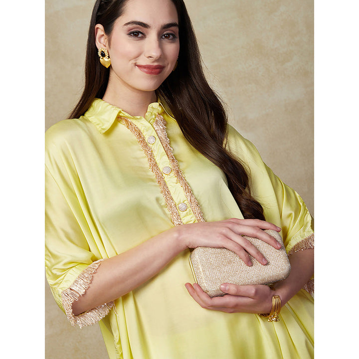FASHOR Yellow Solid- Sequin Shimmer Lace Kaftan Kurta with Pant (Set of 2)
