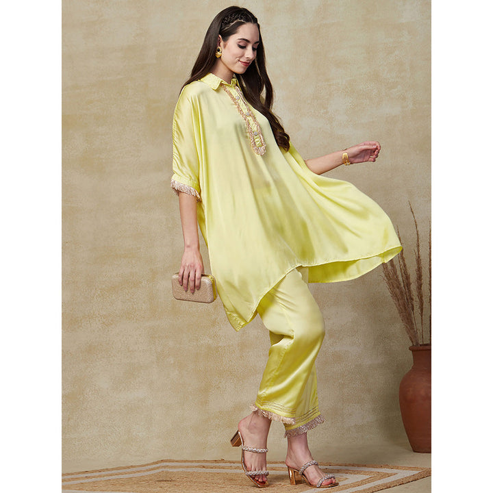 FASHOR Yellow Solid- Sequin Shimmer Lace Kaftan Kurta with Pant (Set of 2)