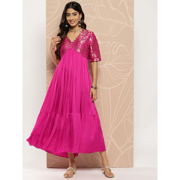 FASHOR Pink Solid Brocade Woven Cut- Out Tiered Maxi Dress