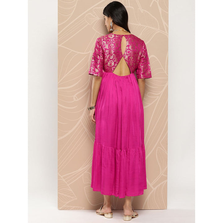 FASHOR Pink Solid Brocade Woven Cut- Out Tiered Maxi Dress