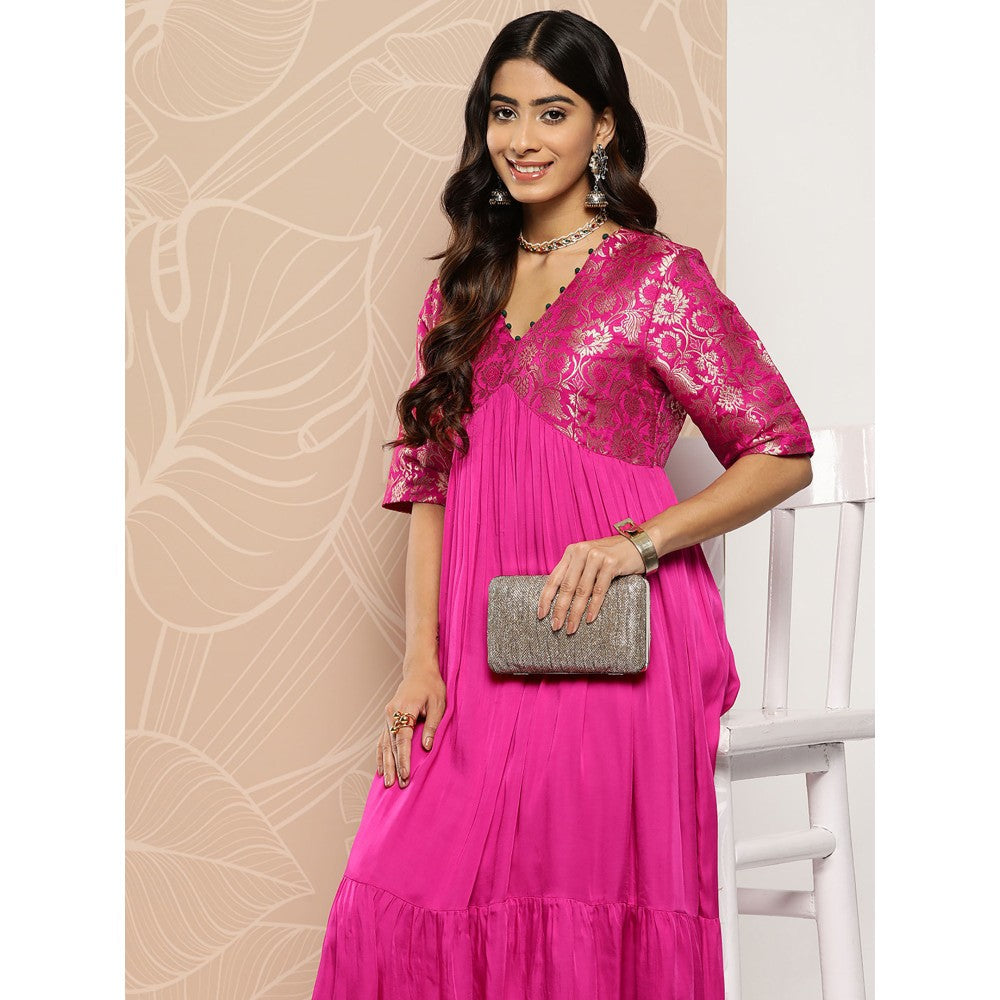 FASHOR Pink Solid Brocade Woven Cut- Out Tiered Maxi Dress