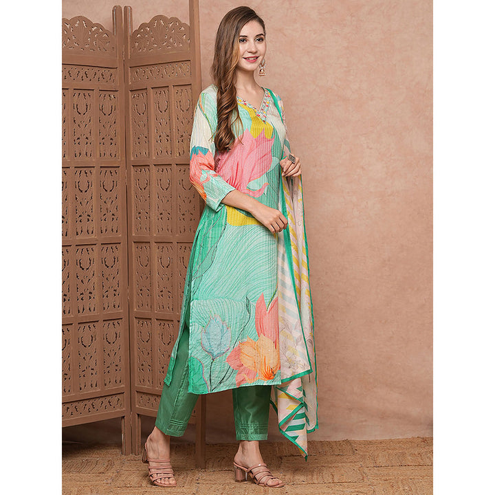 FASHOR Sea Green Printed Embroidered Kurta with Pant & Dupatta (Set of 3)