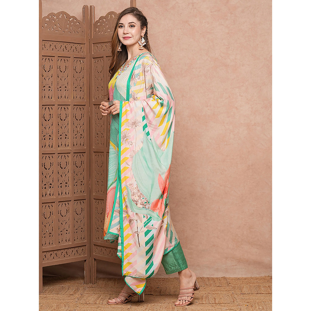 FASHOR Sea Green Printed Embroidered Kurta with Pant & Dupatta (Set of 3)