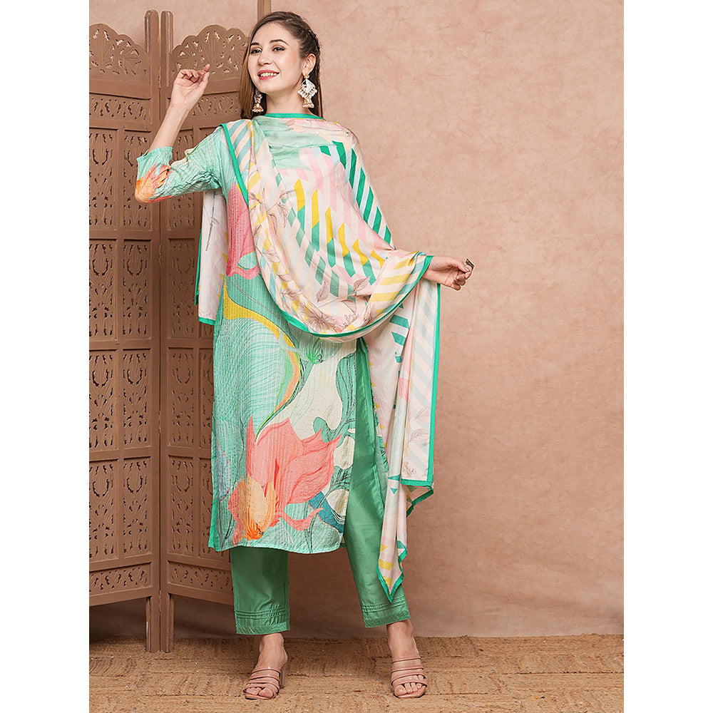 FASHOR Sea Green Printed Embroidered Kurta with Pant & Dupatta (Set of 3)