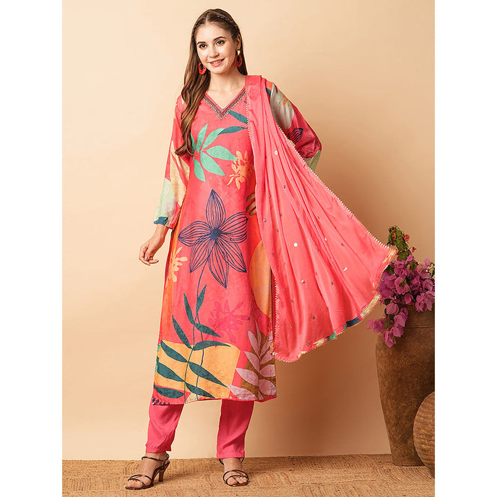 FASHOR Coral Printed Embroidered Kurta with Pant & Dupatta (Set of 3)