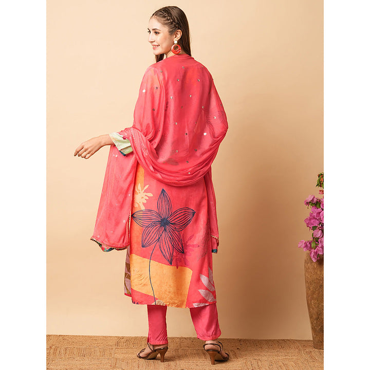 FASHOR Coral Printed Embroidered Kurta with Pant & Dupatta (Set of 3)