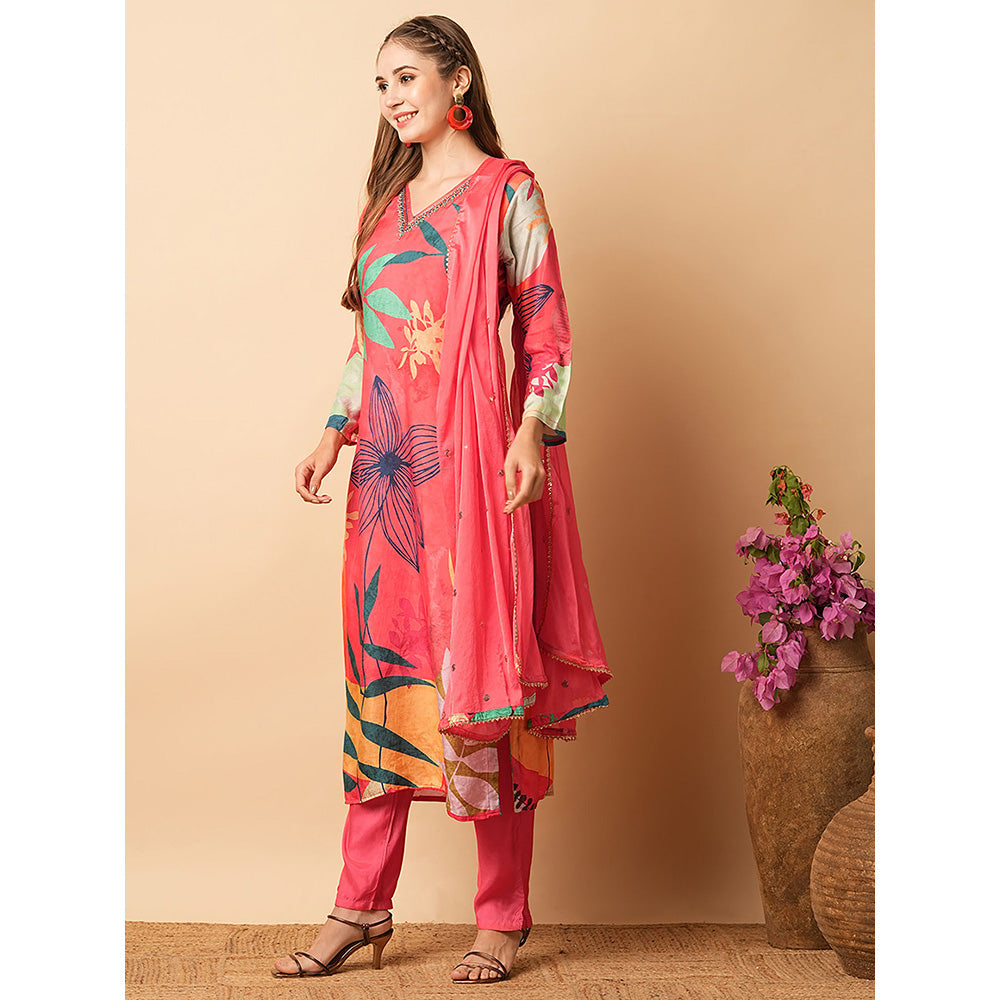 FASHOR Coral Printed Embroidered Kurta with Pant & Dupatta (Set of 3)