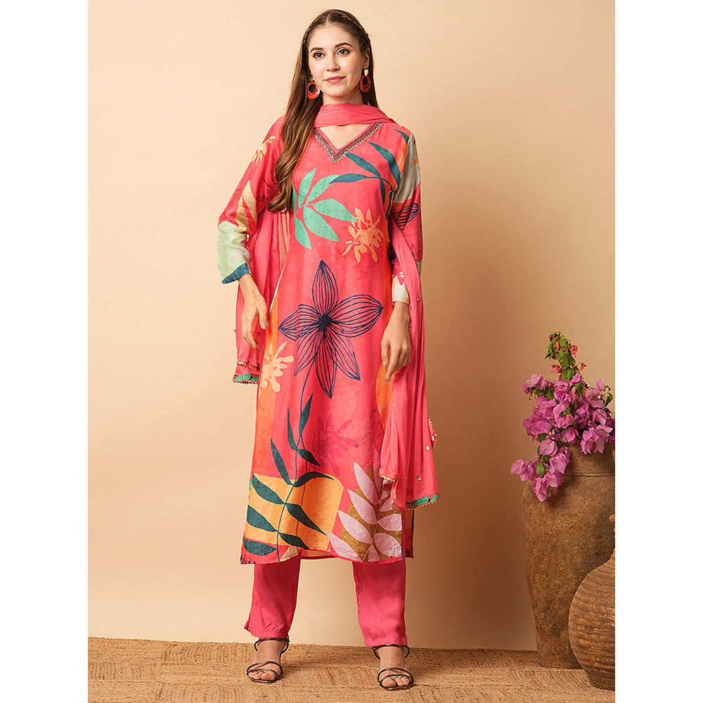 FASHOR Coral Printed Embroidered Kurta with Pant & Dupatta (Set of 3)