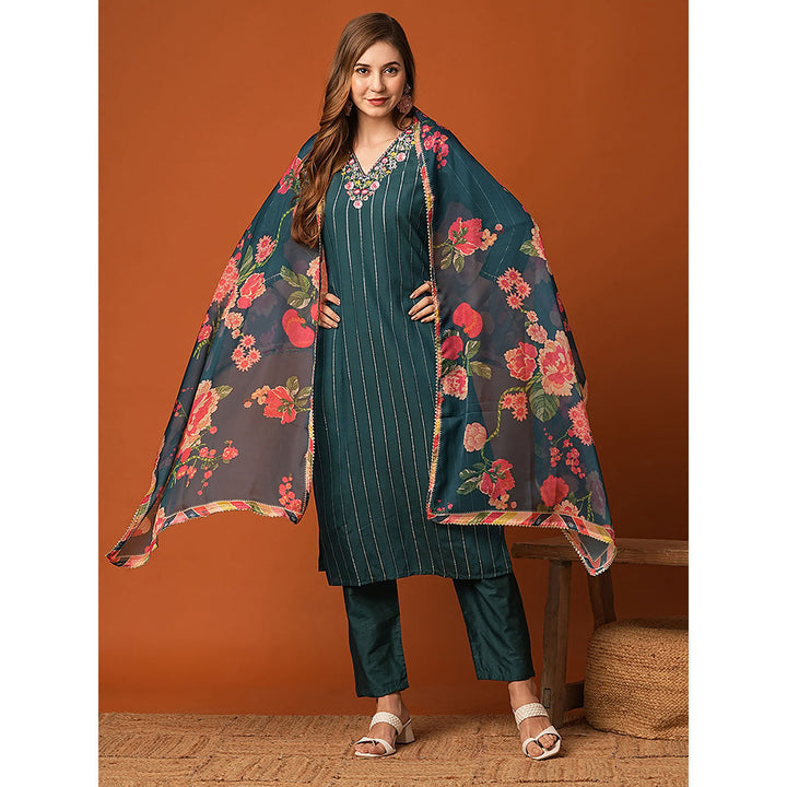 FASHOR Teal Woven Embroidered Kurta with Pant & Dupatta (Set of 3)