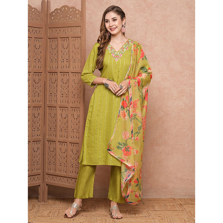 FASHOR Lime Yellow Woven Embroidered Kurta with Pant & Dupatta (Set of 3)