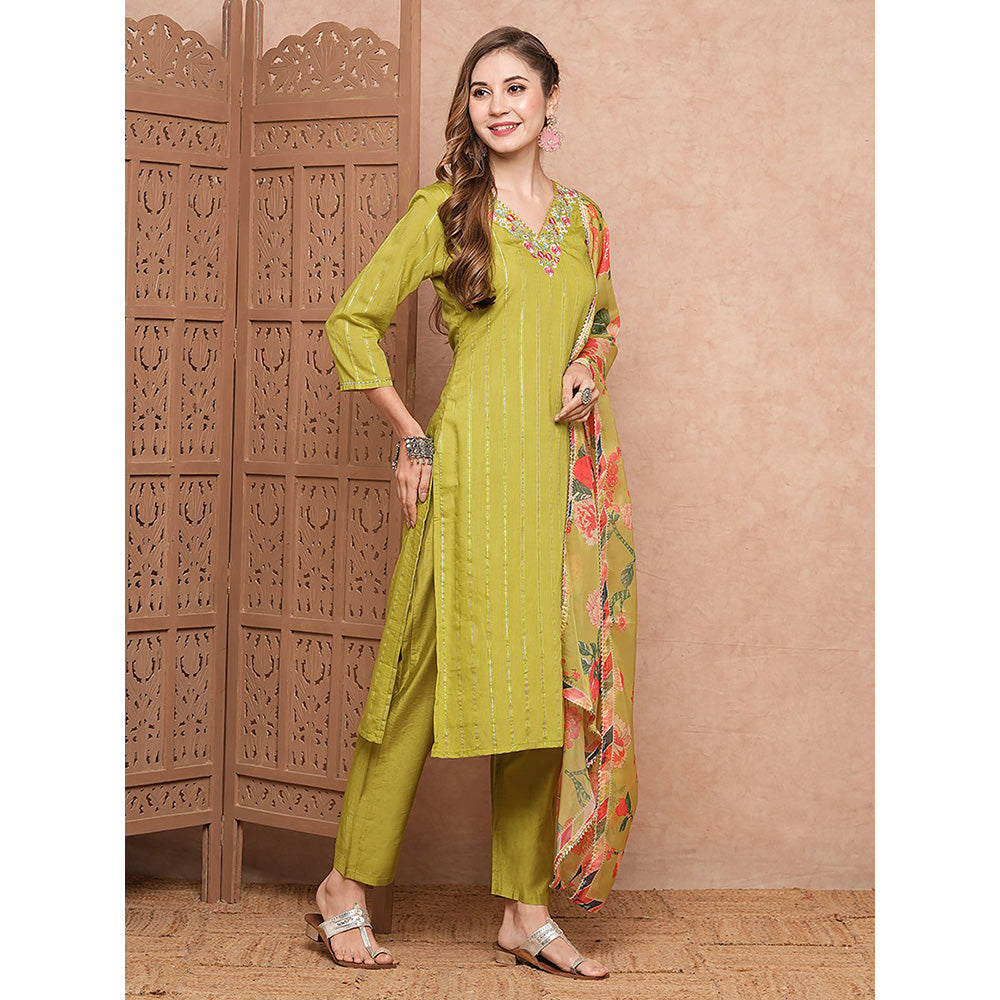 FASHOR Lime Yellow Woven Embroidered Kurta with Pant & Dupatta (Set of 3)