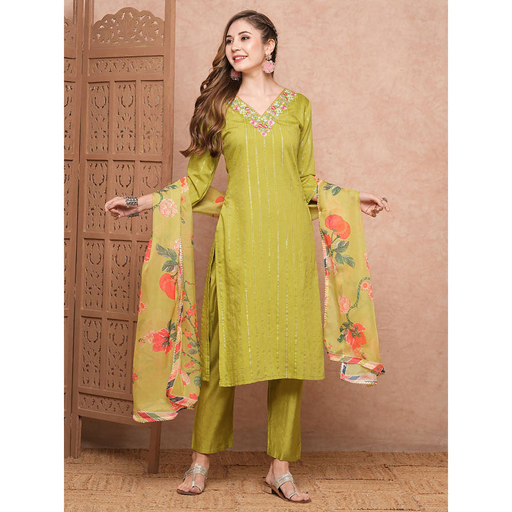 FASHOR Lime Yellow Woven Embroidered Kurta with Pant & Dupatta (Set of 3)