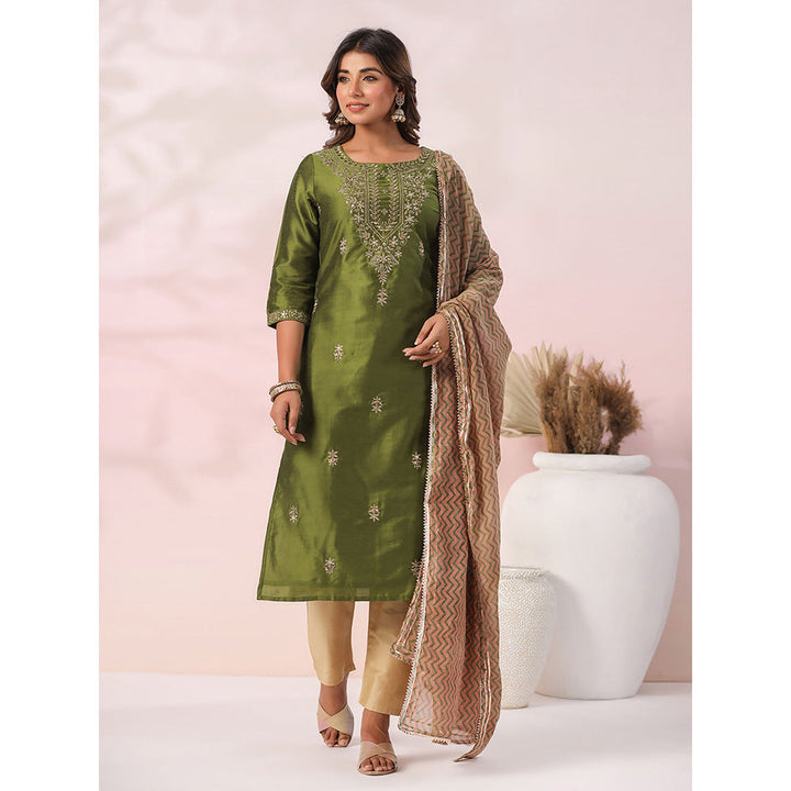 FASHOR Green Ethnic Embroidered Kurta with Pant & Dupatta (Set of 3)