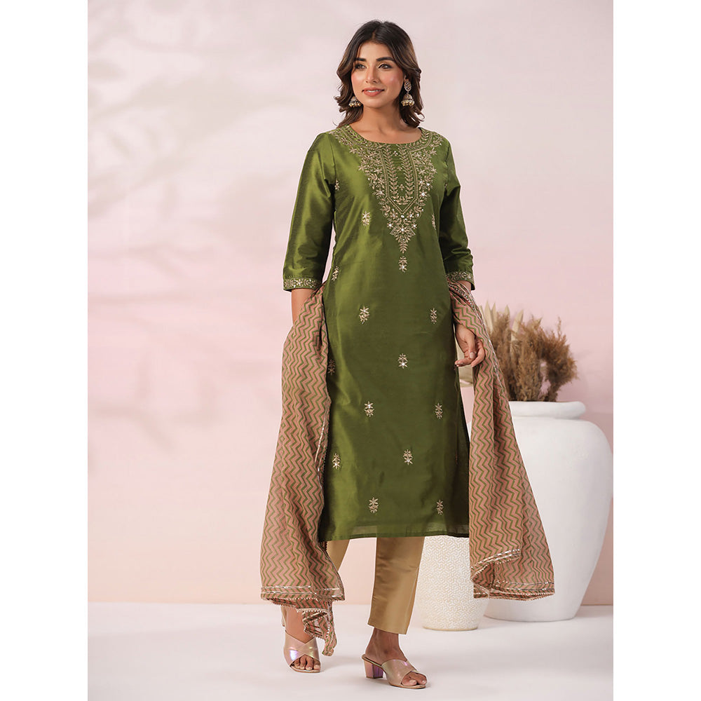 FASHOR Green Ethnic Embroidered Kurta with Pant & Dupatta (Set of 3)