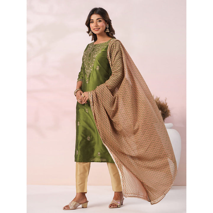 FASHOR Green Ethnic Embroidered Kurta with Pant & Dupatta (Set of 3)