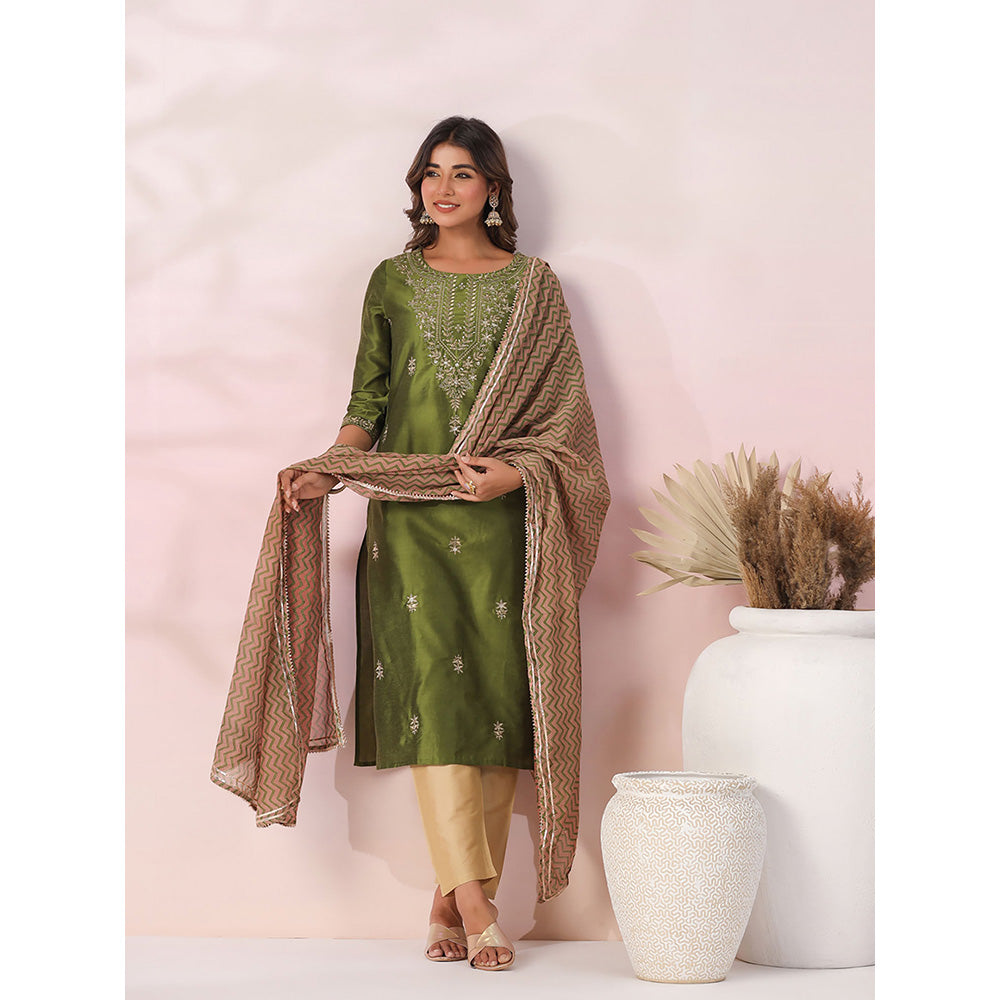 FASHOR Green Ethnic Embroidered Kurta with Pant & Dupatta (Set of 3)