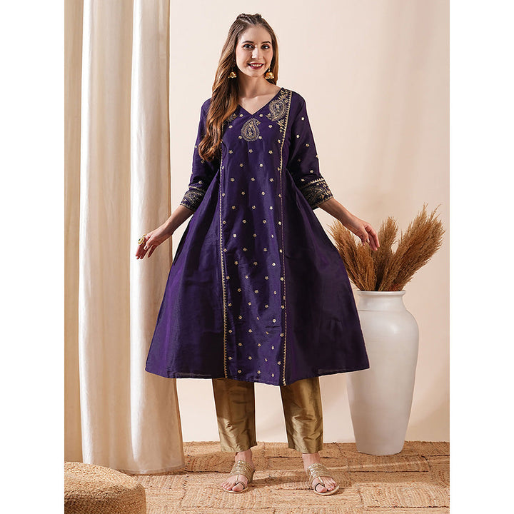 FASHOR Violet Ethnic Zari Embroidered Paneled Kurta with Pant (Set of 2)