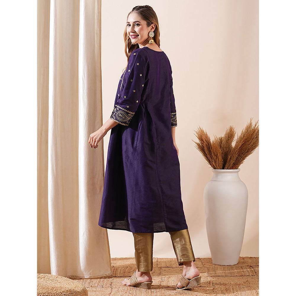 FASHOR Violet Ethnic Zari Embroidered Paneled Kurta with Pant (Set of 2)