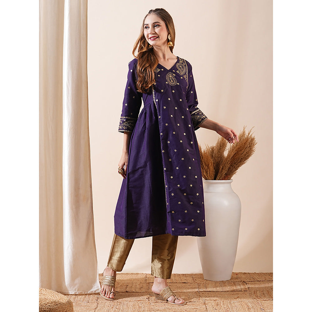 FASHOR Violet Ethnic Zari Embroidered Paneled Kurta with Pant (Set of 2)