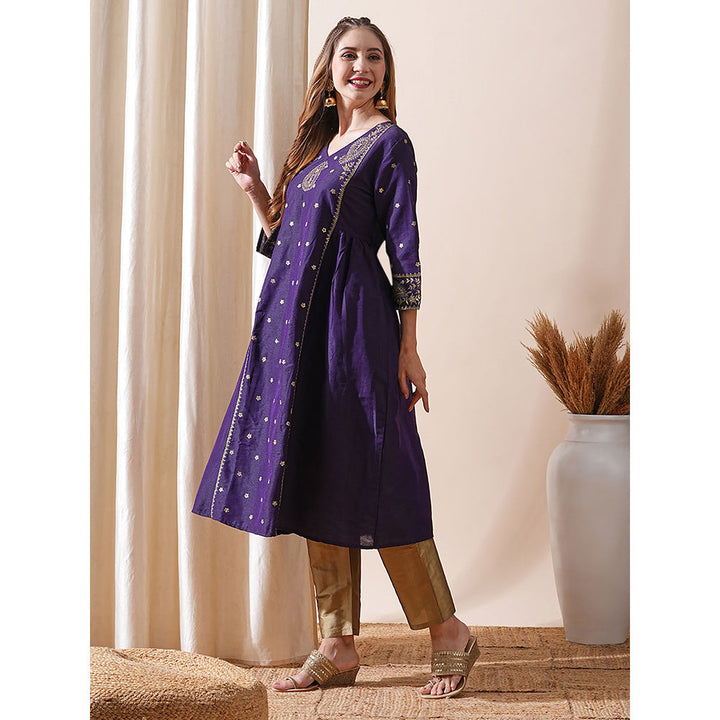 FASHOR Violet Ethnic Zari Embroidered Paneled Kurta with Pant (Set of 2)