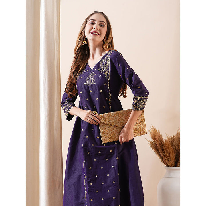 FASHOR Violet Ethnic Zari Embroidered Paneled Kurta with Pant (Set of 2)