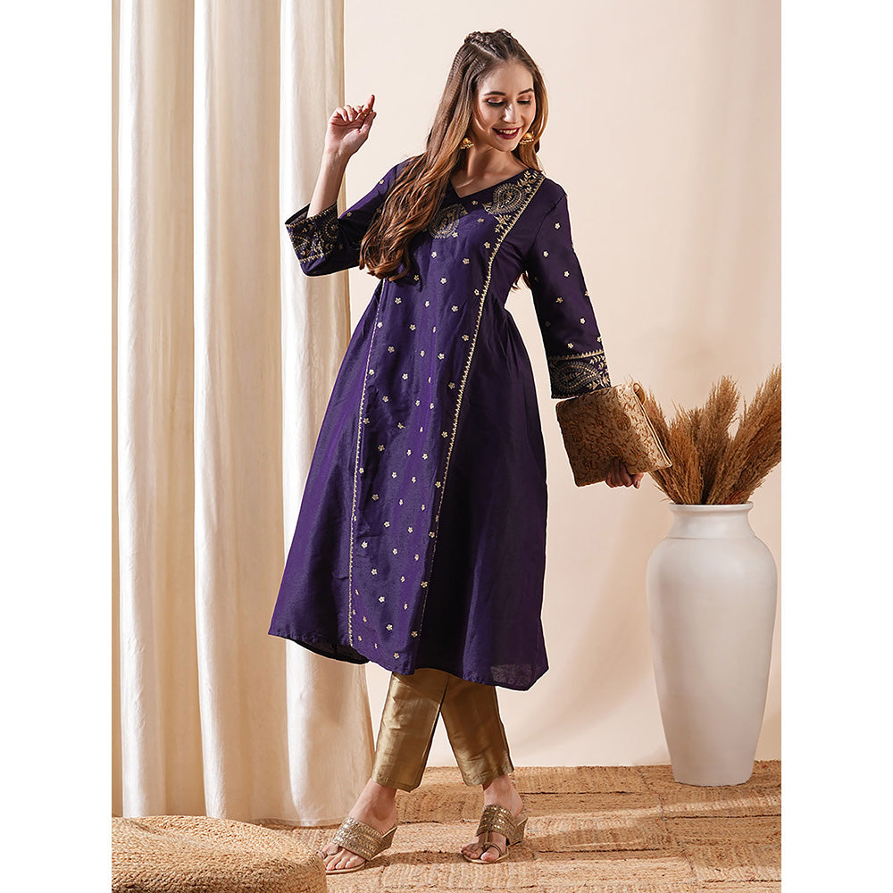 FASHOR Violet Ethnic Zari Embroidered Paneled Kurta with Pant (Set of 2)