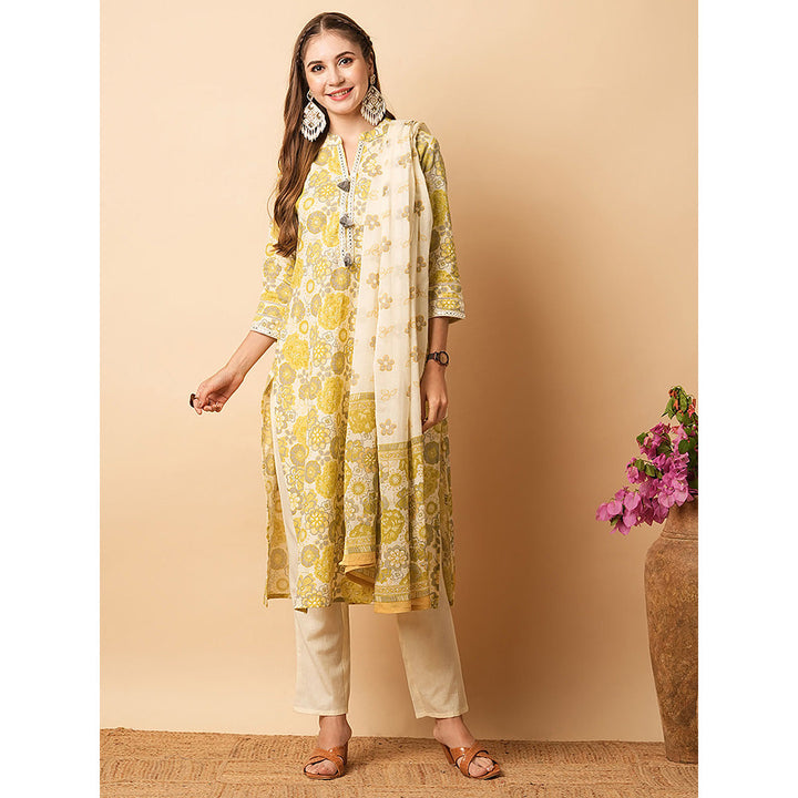 FASHOR Lime Yellow Floral Printed Kurta with Pant & Duppatta (Set of 3)