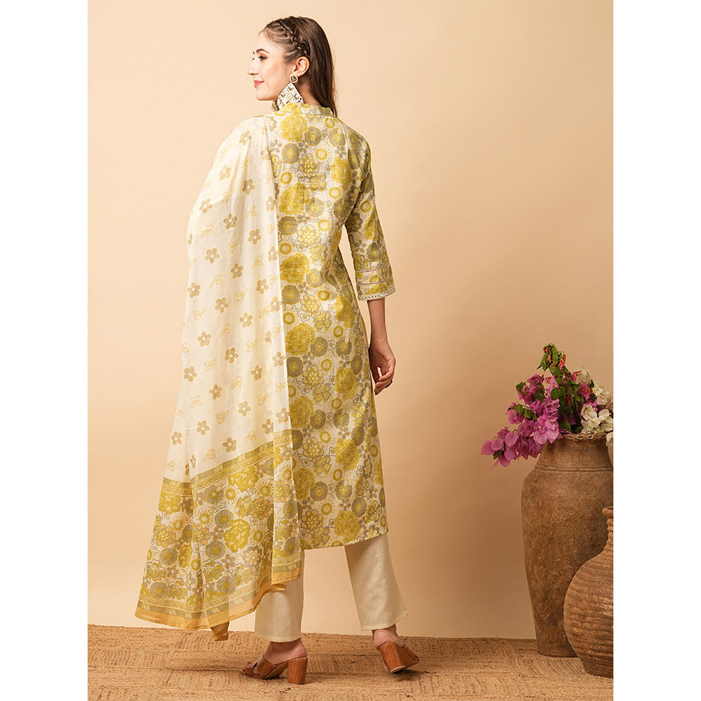 FASHOR Lime Yellow Floral Printed Kurta with Pant & Duppatta (Set of 3)