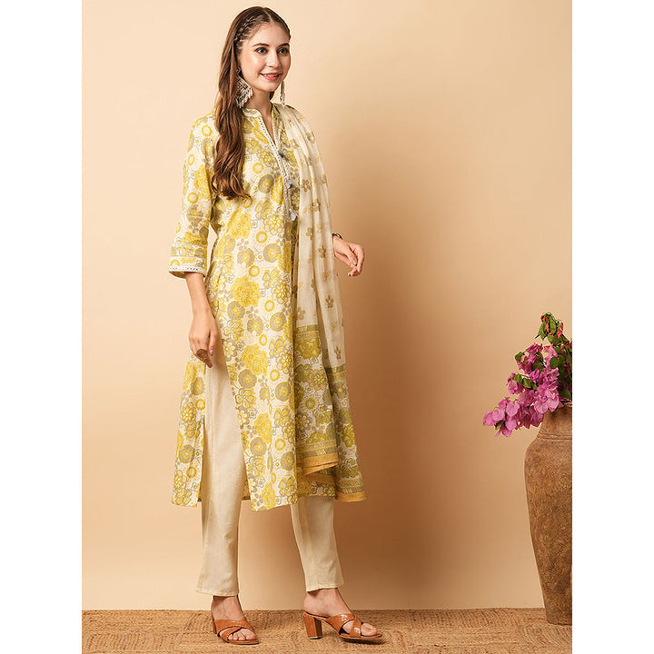 FASHOR Lime Yellow Floral Printed Kurta with Pant & Duppatta (Set of 3)