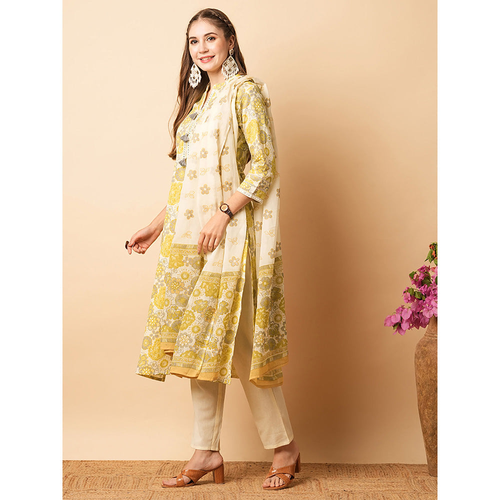 FASHOR Lime Yellow Floral Printed Kurta with Pant & Duppatta (Set of 3)