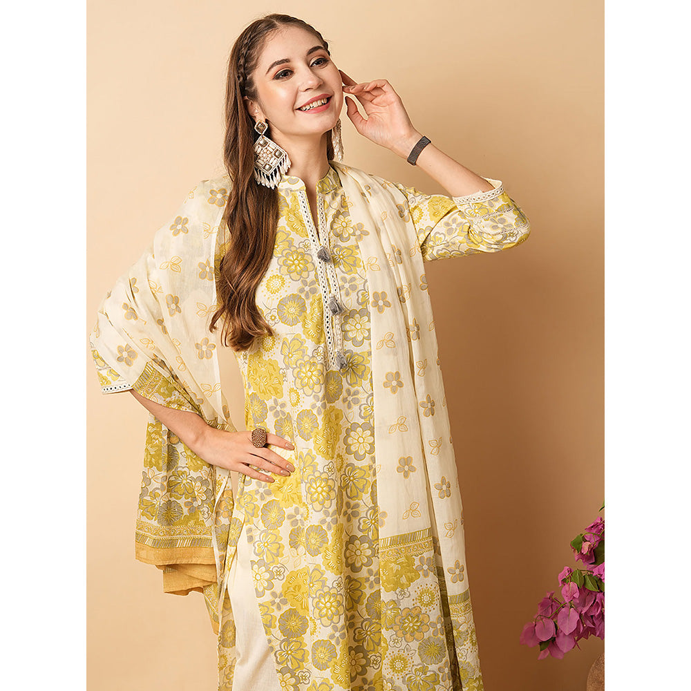 FASHOR Lime Yellow Floral Printed Kurta with Pant & Duppatta (Set of 3)