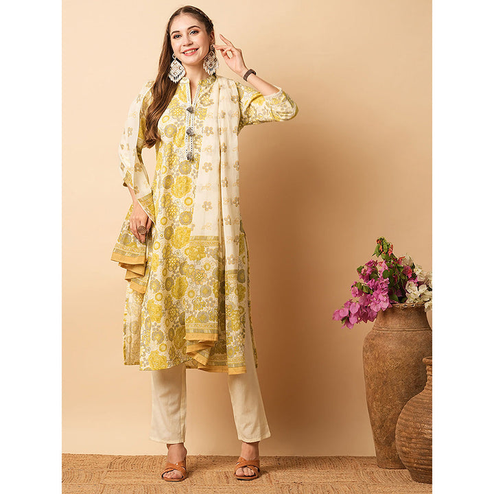 FASHOR Lime Yellow Floral Printed Kurta with Pant & Duppatta (Set of 3)