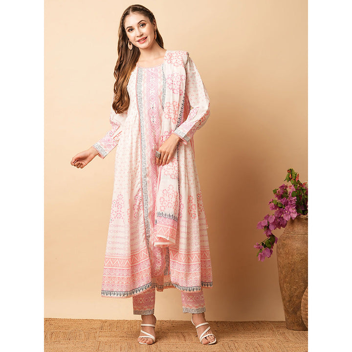 FASHOR White & Pink Printed Kurta with Pant & Dupatta (Set of 3)