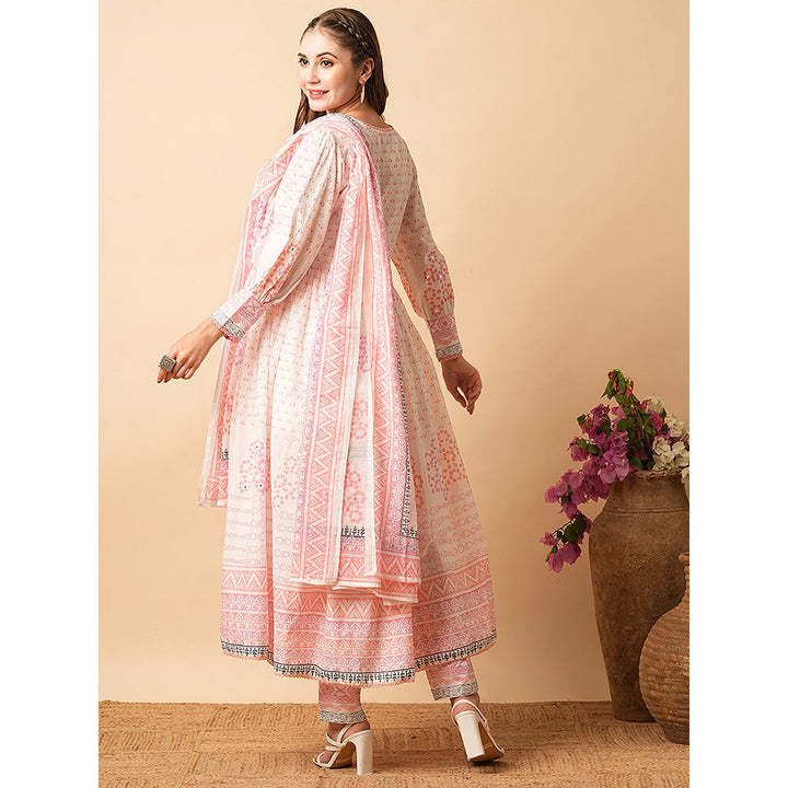 FASHOR White & Pink Printed Kurta with Pant & Dupatta (Set of 3)